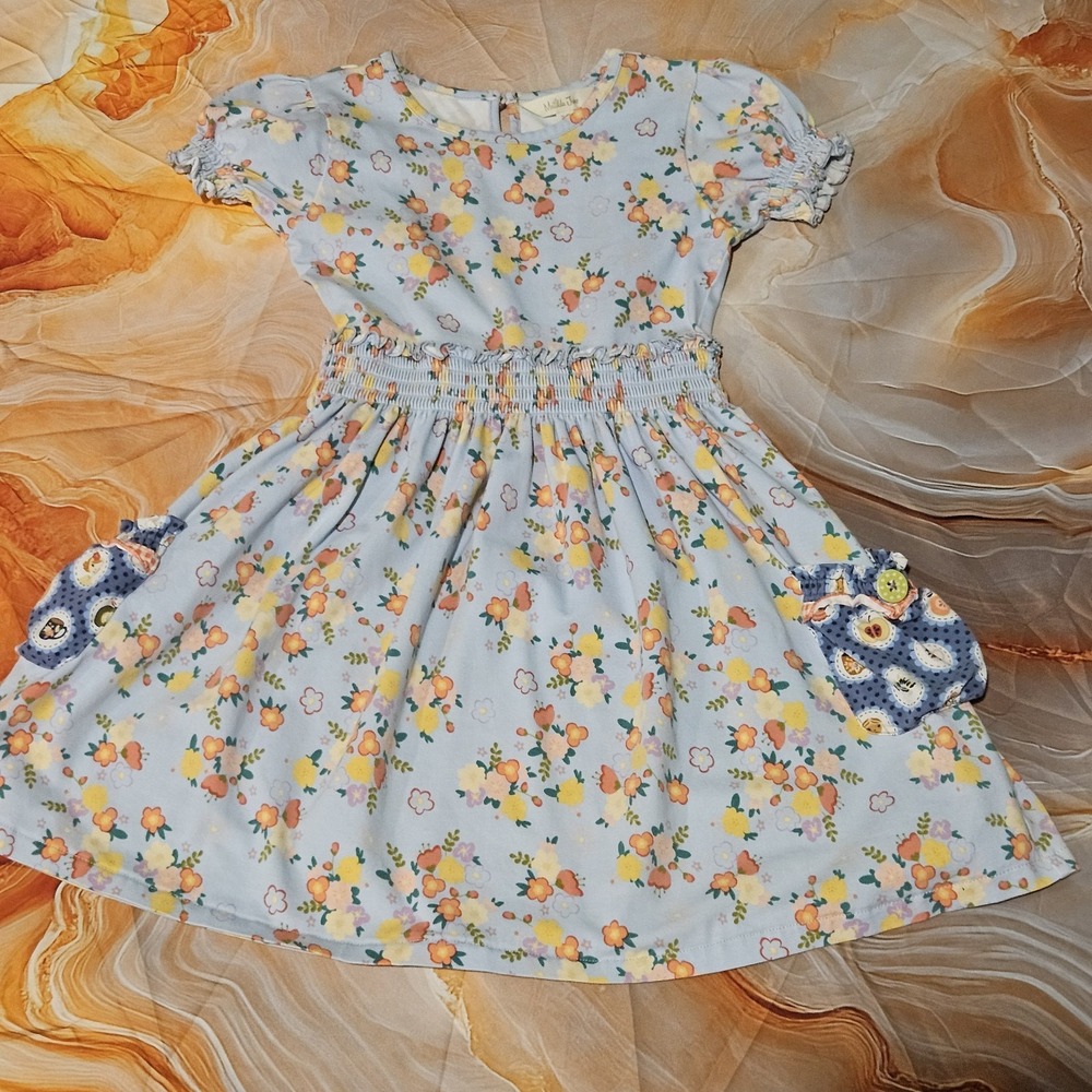 Matilda Jane Floral Lap Dress Girls Size 6 Blue Orange Flowers